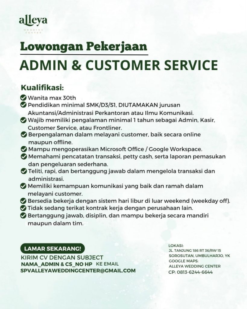Poster lowongan Alleya Wedding Center