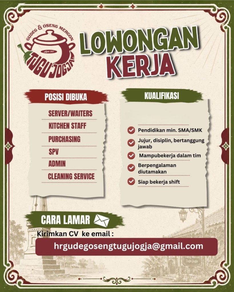Poster lowongan Gudeg & Oseng Mergon Tugu Jogja