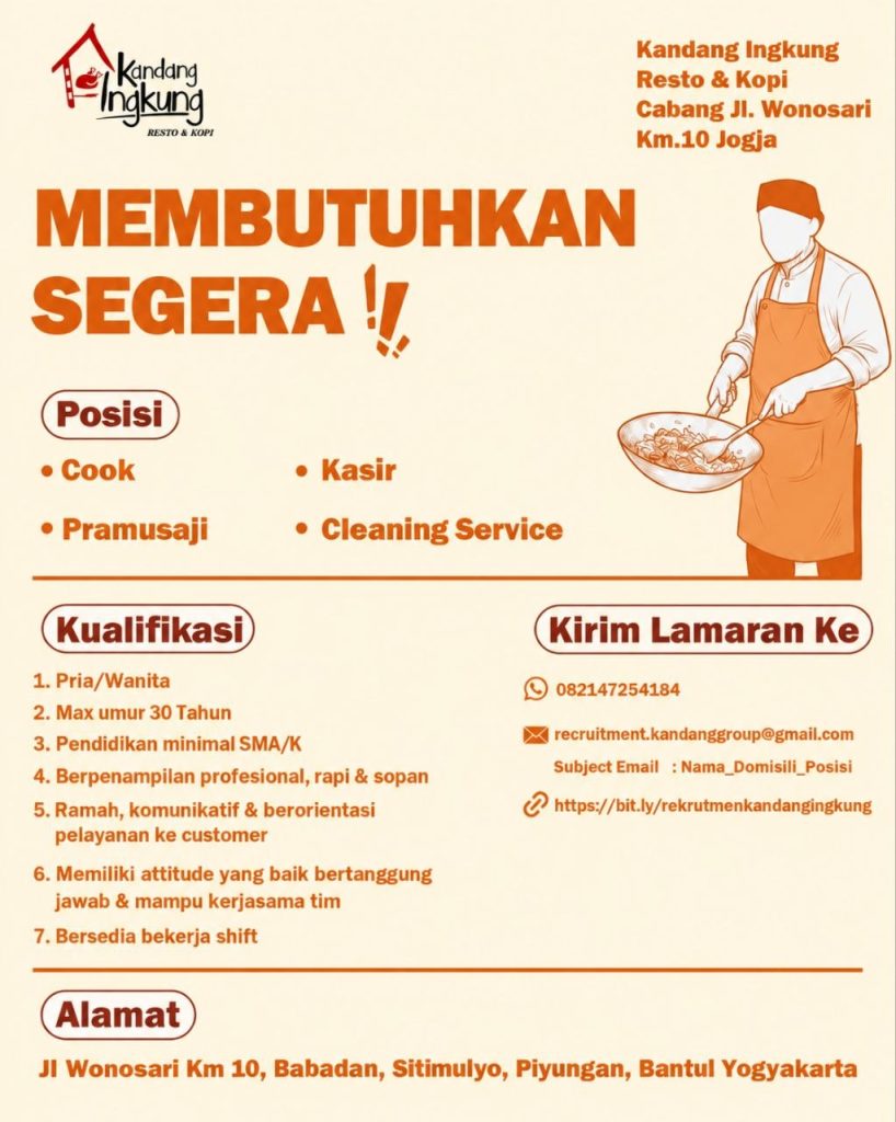 Poster lowongan Kandang Ingkung Resto & Kopi