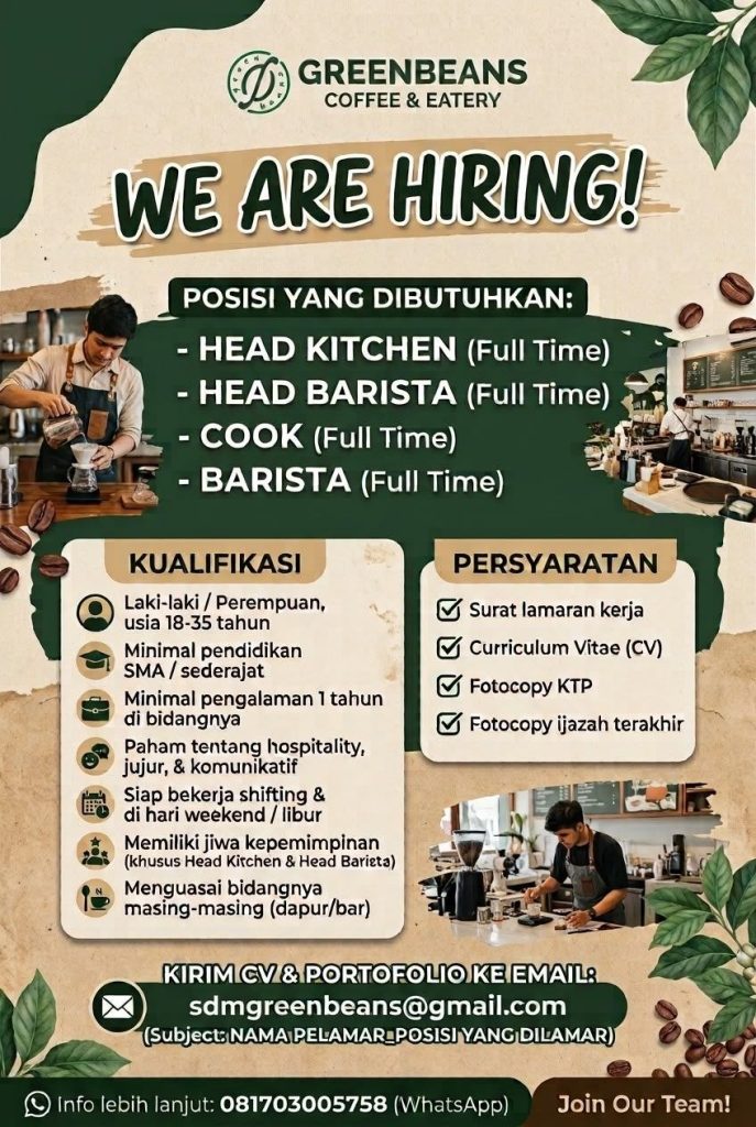 Poster lowongan GREENBEANS COFFEE & EATERY