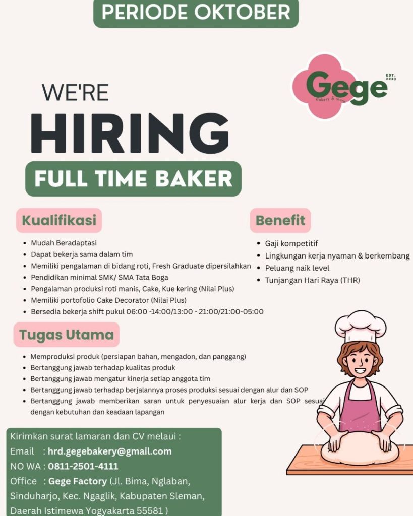 Poster lowongan Gege Bakery & more