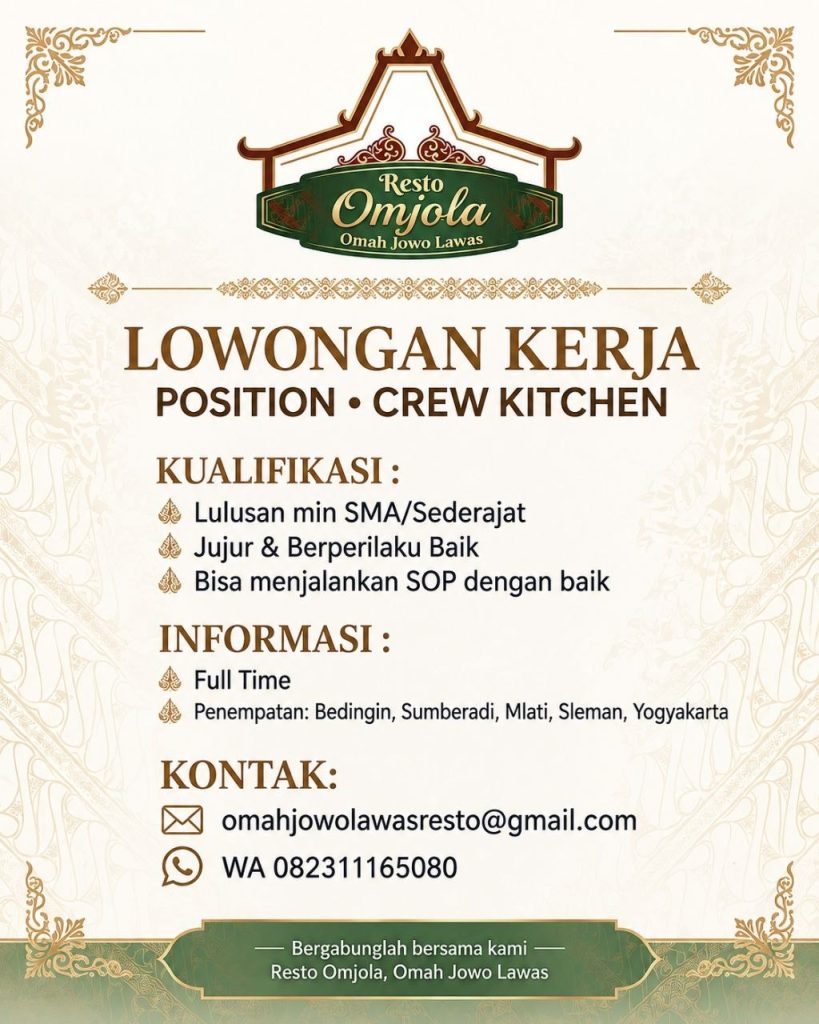 Poster lowongan Resto Omjola Omah Jowo Lawas