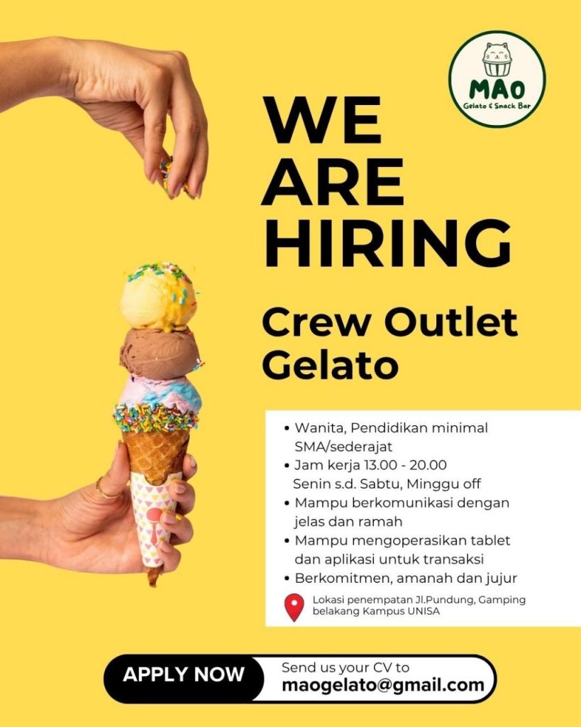 Poster lowongan MAO Gelato & Snack Bar