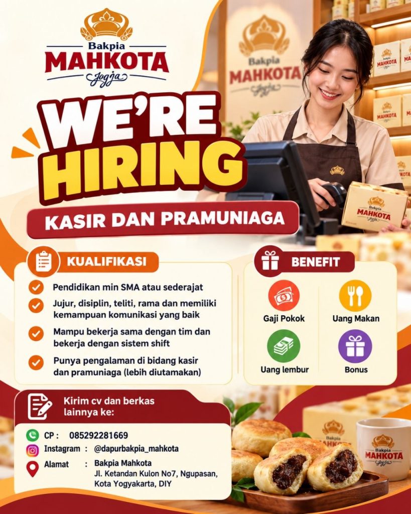 Poster lowongan Bakpia Mahkota Jogja