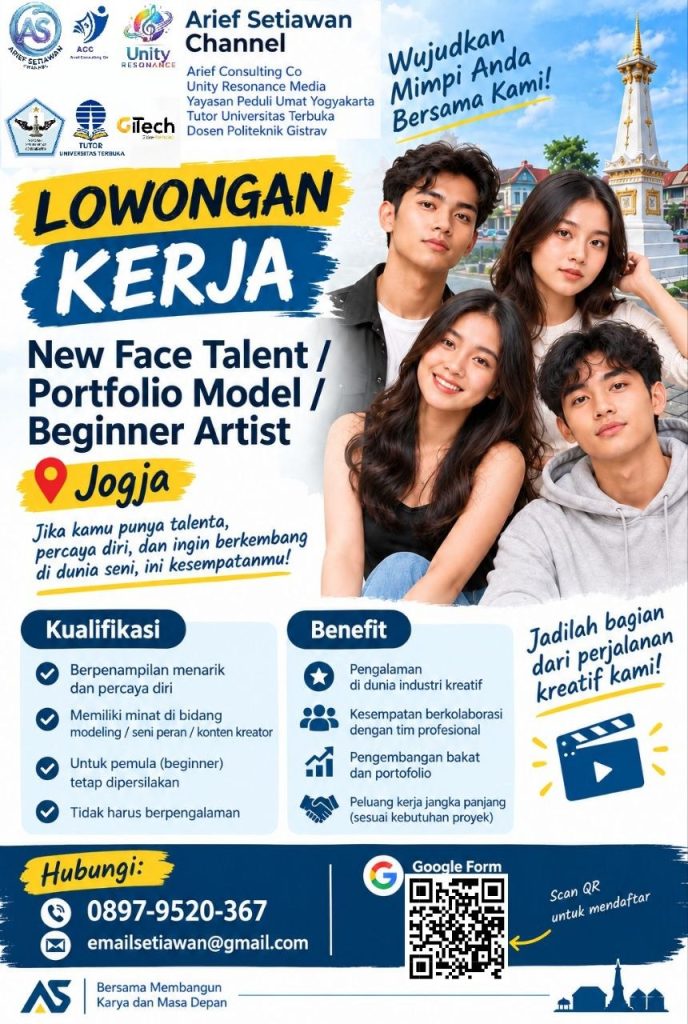Poster lowongan Arief Consulting Co Unity Resonance Media Yayasan Peduli Umat Yogyakarta Tutor Universitas Terbuka Dosen Politeknik Gist